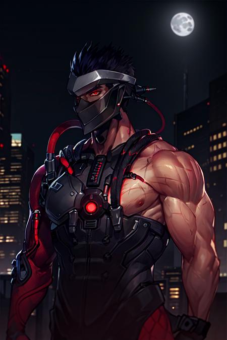 bwgenji, upper body, one arm naked, front view, solo, mask, red eyes, black hair, cable, standing, moonlight, outdoors, skyscraper, best quality, <lora:genji:0.7>