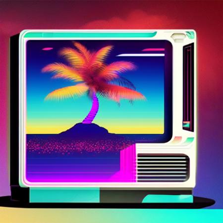 photo (retrowave:1) style an old television screen with a palm tree on the screen <lora:djzRetroWaveV21_LoraBooth:1>