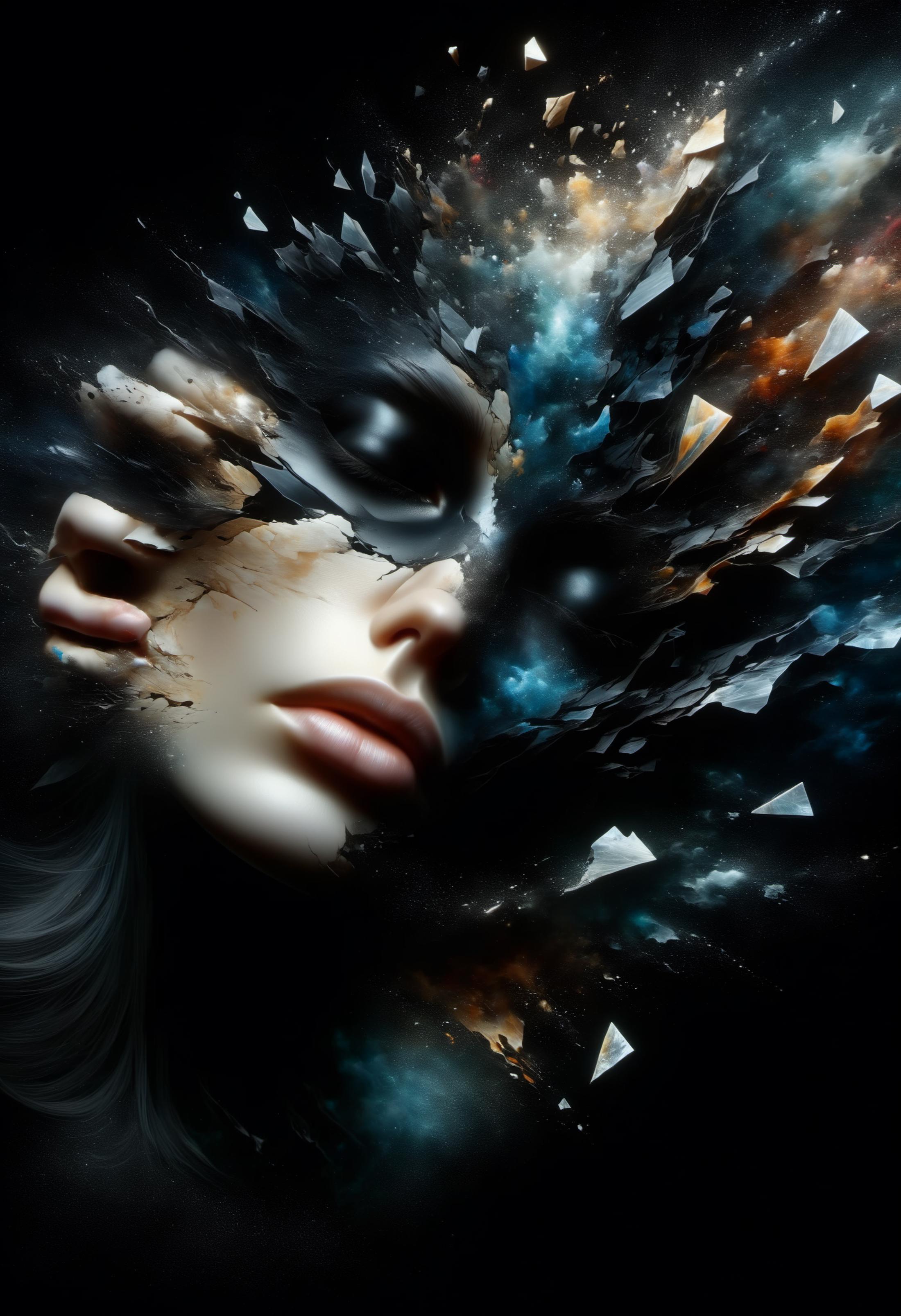 A woman's face created with shattered glass shards in a dark background.