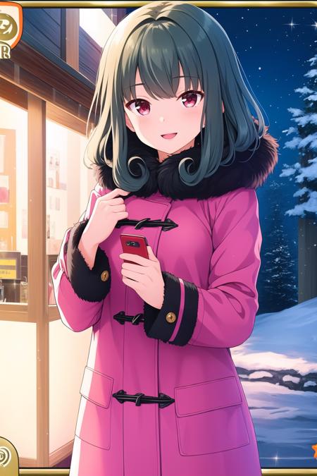 (masterpiece, best quality), highly detailed background, perfect lightingbest quality, shinomiyarisa, solo, winter, outdoors, night, green hair, hairclip, curly hair, long hair, red eyes, breastsr, black coat, plaid coat, winter coat, fur trim, black cloves, blue skirt, plaid skirt, winter clothes, smile, open mouth, pink lips, <lora:Shinomiya-Risa:0.7>