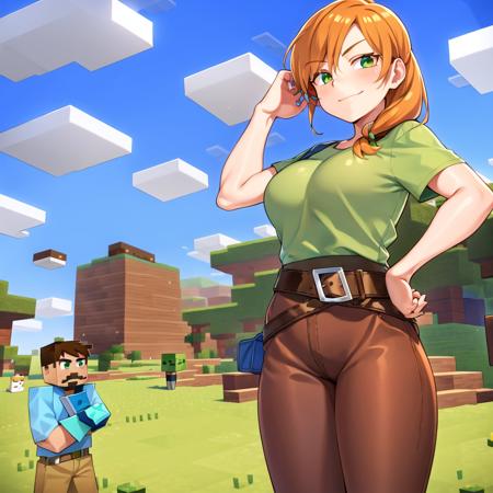 1girl, belt, blue_sky, blush, boots, breasts, brown_hair,  cloud, day, facial_hair, green_eyes, hand_on_hilt, hand_on_hip,green shirt,brown pants,  long_hair, orange_hair,realistic,  ,shirt, sky, smile,alex,minecraft, <lora:alexminecraft:0.8>, <lora:more_details:0.5>