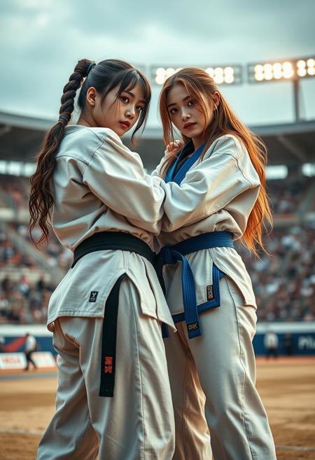 2girl, cinematic composition, A black belt in white judo and a black belt in blue judo, judo pants, judo ground, stadium, sweating,  Tai Otoshi  , highly detailed, 4k resolution, ultrarealistic, real photo, detailed skin, photorealistic, high quality, sharp focus