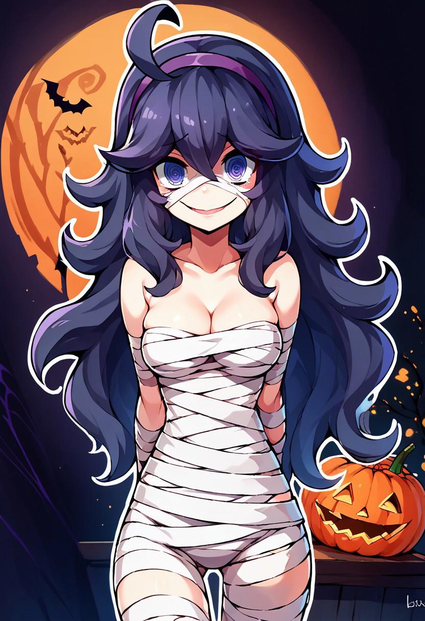 score_9, score_8_up, score_7_up, score_6_up, score_5_up, score_4_up, abstract background, white outline, anime style, source anime, (outline:0.7) ,high detail, Halloween background, smile, mummy costume, fullbody bandages, loose bandages, bandaged head, bandaged arm, bandaged leg, bandage over one eye, bandage on face, lipstick, (slim fit), cleavage, perfect face, perfect eyes, lush eyebrows, cute face, voluptuous body, shy, cute, detailed eyes, teardrop breasts, cute round eyes, seductive, half-closed eyes, looking at viewer, indoors, stage lights, stage, arms behind back, halloween decoration, hex maniac, hairband, messy hair, purple eyes, purple hair, purple hairband, @ @,