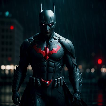 cinematic film still of  <lora:Batman Beyond SD1.5:1.2>
Batman Beyond a man in a futuristic batman costume standing in the rain, shallow depth of field, vignette, highly detailed, high budget, bokeh, cinemascope, moody, epic, gorgeous, film grain, grainy