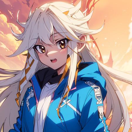 asterpiece,best quality,1girl,white hair,brown eyes,long hair,<lora:画风 游戏王剧场版测试v2:0.7>,white windbreaker,solo, 