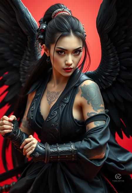 action pose of the most beautiful japanese woman warrior of the world,, tattooed, angel black wings, beautiful studio makeup, black steel armour, silk robe, wind, masterpiece, best quality, high quality, hyper detailed, HDR, 8k, sharp focus, realistic eyes, realistic, red background, photography studio style