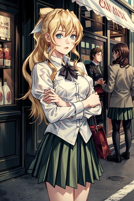 Lilly, empty eyes, ponytail school uniform, white shirt, green skirt casual outfit china dress nightgown cane