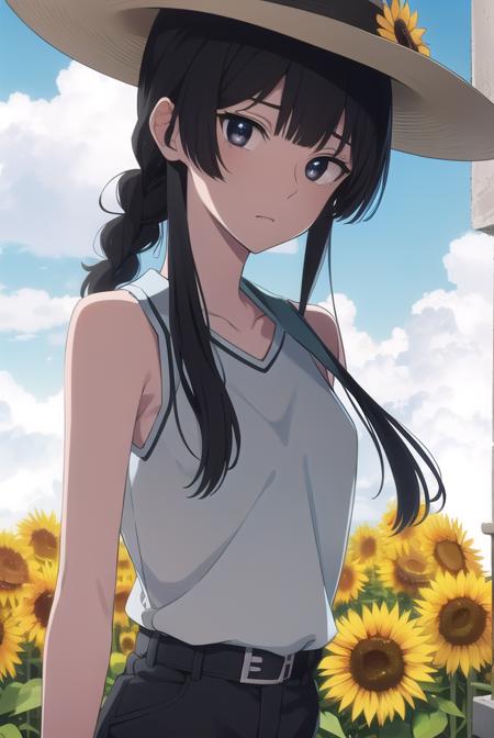 anzuhanashiro, <lora:anzuhanashiro-lora-nochekaiser:1>, 
anzu hanashiro, long hair, bangs, black hair, sidelocks, blunt bangs, (black eyes:1.5),
BREAK shirt, hat, white shirt, sleeveless, belt, pants, sleeveless shirt, white headwear, braid, single braid,
BREAK looking at viewer,
BREAK outdoors, sunflowers,
BREAK <lora:GoodHands-vanilla:1>, (masterpiece:1.2), best quality, high resolution, unity 8k wallpaper, (illustration:0.8), (beautiful detailed eyes:1.6), extremely detailed face, perfect lighting, extremely detailed CG, (perfect hands, perfect anatomy),