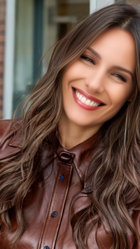 portrait of woman (pampita:1) smiling with a leather jacket, in the street, high detailed face, 4k, 8k, <lora:pampita:1>