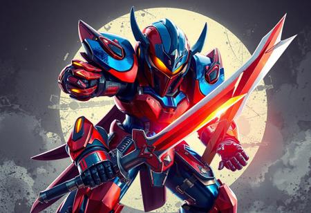Mirror Swordknight robot, red & blue armor, yellow eyes, shouting, dynamic action pose, Realm of Danger! background, splash ink illustration, Unreal Engine 5 pro, Artstation trending, CGSociety, golden ratio, Octane render, high-res, 4k, exceptional quality, lifelike details, handcrafted, stunning colors, contemporary aesthetics, matte painting, creative angle, isometric view.
