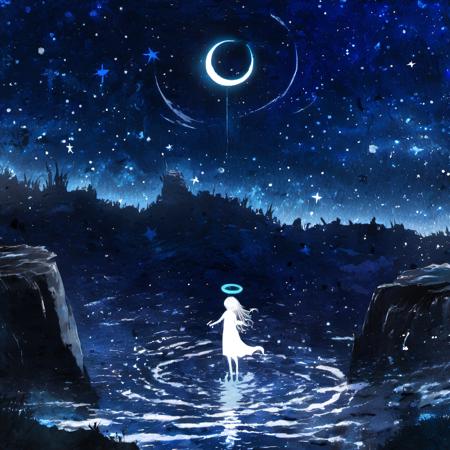 <lora:star_xl_v2:1>,
a painting of a girl standing on a hill with a moon and stars in the sky above her head, 1girl, solo, dress, standing, outdoors, sky, water, white dress, night, glowing, halo, moon, star \(sky\), night sky, scenery, starry sky, silhouette, crescent moon, pillar, long hair, floating, blue theme, fantasy, The image portrays a serene nighttime scene with a silhouette of a female figure standing on a rocky terrain. She has a halo around her head, suggesting a celestial or ethereal nature. The sky is filled with stars, and there's a crescent moon visible in the top right corner. Above her, there are fish swimming in the vast expanse of the cosmos. The entire scene is bathed in a deep blue hue, giving it a dreamy and otherworldly ambiance., serene nighttime scene, silhouette of a female figure, halo around her head, stars, rocky terrain, fish swimming, deep blue hue