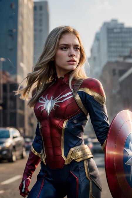 (marvel cinematic scene:1.2),Cinematic photo, a superhero girl, 22 years old, detailed skin and face, (bright blonde hair), (long perfect hair), (blonde girl with grey eyes), (wearing tight superhero costume, busty girl), captain America, ironman armor suite, spiderman suit, carbon fiber, brushed metal, detailed superhero outfit, Porta 160 color, shot on ARRI ALEXA 65, bokeh,  <lora:Colour Control Slider by Stable Yogi:2>, sharp focus on subject, highest details, photorealistic, high background details, action scene, explosions, reflection, godrays, 8k, raytracing,  <lora:breastsizeslideroffset:-0.38>, ((detailed dramatic background)),  <lora:anti_longtorso_v10:1> , (intense looking at viewer) , (well lit face),  <lora:add_detail:0.5> , particle effects, dust particles, ((dramatic scene))