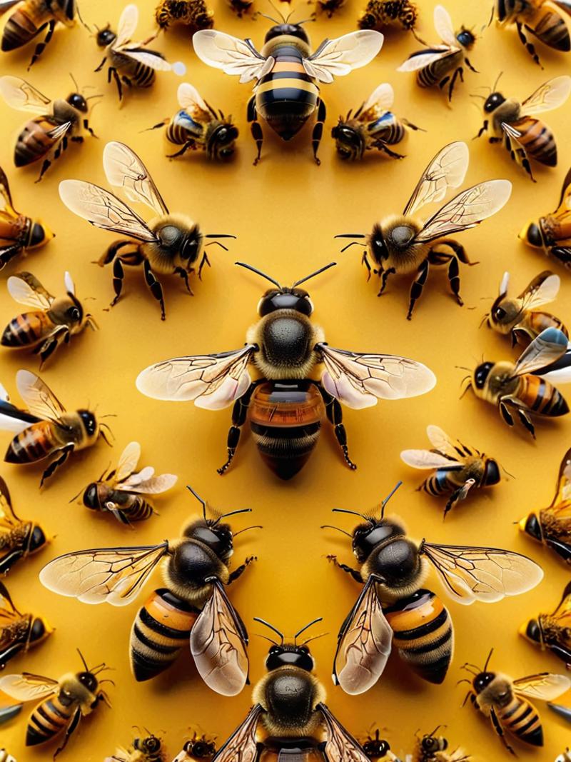A group of honey bees with different colors, including yellow and black, are arranged in a circular pattern.