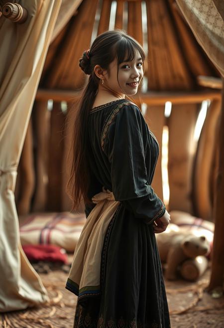 Mongolian girl, standing inside, in the middle of a Mongolian hut, medieval, beautiful upper class dress, in the process of undressing, halfway taking her dress off, sideboob, seen from behind, face turned sideways, smiling, unaware of being watched