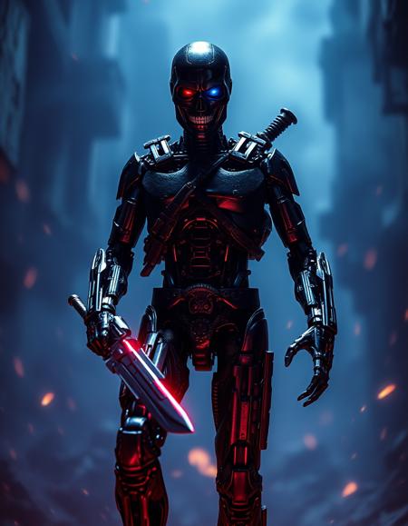 terminator t-800 terminator style Warrior in the underworld, ((fill body view)), dark colorful aura, high resolution, photorealistic, 4k image, high quality, ((perfect hands)), perfect eyes, blue eyes perfect limbs, perfect legs, extreme detailed, full of details, Dramatic, Dynamic, Cinematic, Sharp details Insane quality. Insane resolution. Insane details