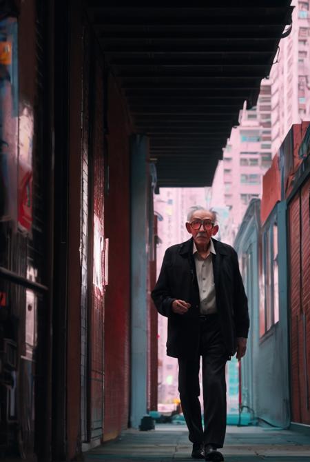 cinematic still of 1 man,old manwearing glasses,blue hair,buildings,cyberpunk city,cinematic composition,shot with ARI camera,real life movie, film grain, blurry, abmstyabm, <lora:AlbertoMielGo1.5:0.8>