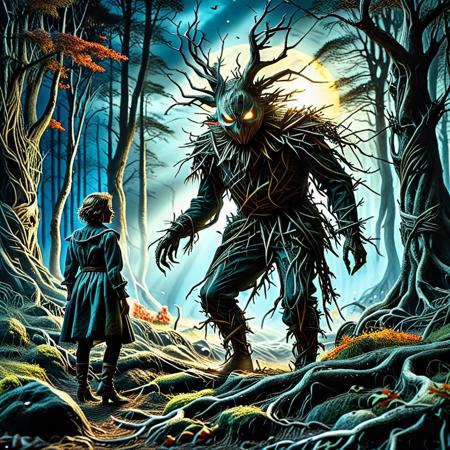 Dark Ghibli fairytale style, A terrified man in a desolate field at night, looking over his shoulder with fear. A massive, shadowy creature looms in the background, its glowing eyes piercing through the darkness. The atmosphere is eerie and tense, capturing the feeling of being hunted by something supernatural. Cinematic, ultra-realistic, 8K resolution, horror aesthetic. Scarecrow style. The size of two people made out of forest and roots. Very detailed forest and roots background. Bokeh, depth_of_field, masterpiece, absurdres, vibrant, dynamic pose, dynamic dramatic angle, sun rays, sun enlighten, very colorful, highly detailed, , An artistic marvel, merging rich comic book aesthetics with ultra-HD sharpness and striking 8K depth. Meticulous craftsmanship ensures that every nuance of the motif shines in extraordinary resolution.
surreal fantasy, storybook illustration, haunting beauty, soft shadows, highly detailed, mystical atmosphere