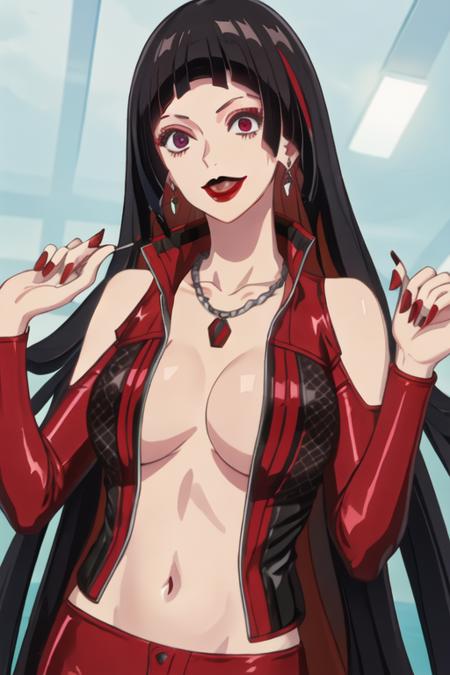 best quality, masterpiece, highres, solo, {vipere_birdiewinggolfgirlsstory:1.15}, black_hair, jewelry, makeup, red_eyes, open_mouth, long_hair, lipstick, necklace, bangs, earrings, blunt_bangs, multicolored_hair, breasts, one_eye_closed, tongue, tongue_out, multiple_girls, looking_at_viewer, red_nails, 1girl, holding, shirt, smile, nail_polish, navel