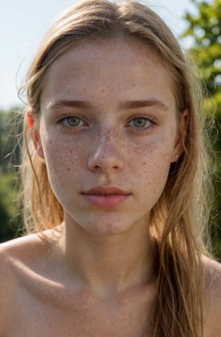 close-up portrait of a cute and beautiful 20 year old woman, sorry look, submissive look, soft light, summer, freckles, goosebumps, hard shadows