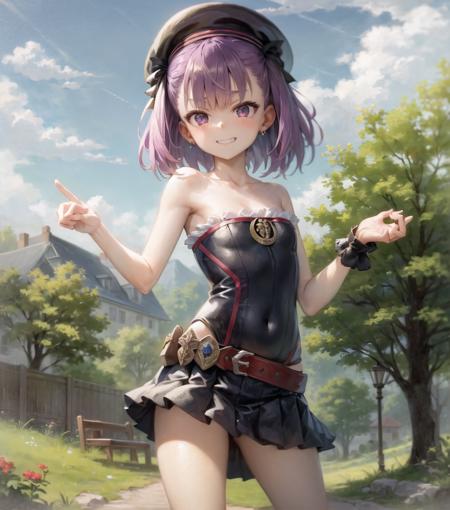 <lora:helena_blavatsky-18:0.45>, helena blavatsky, helena blavatsky \(fate\), hat, collarbone, bare shoulders, black strapless dress, fantasy landscape, standing, grin, blue sky, dutch angle, skirt, pleated skirt