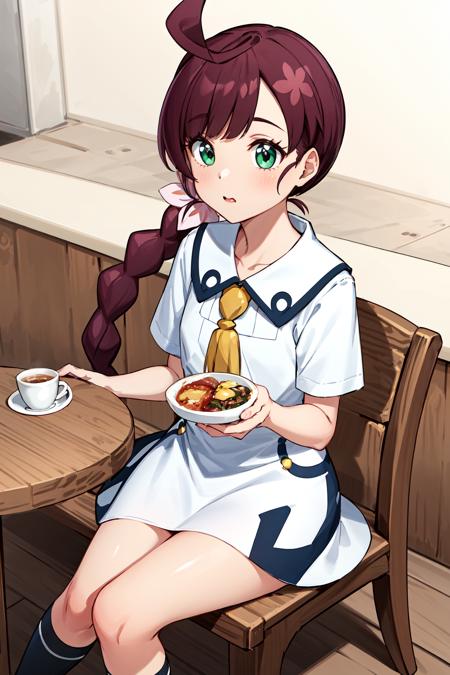 masterpiece, best quality, highres, chl1, 1girl, braided_ponytail, (ahoge:1.1), dress, school uniform, white dress, collared dress, collarbone, eyelashes, short sleeves, neck tassel,  <lora:chloe_(pokemon)_v5:0.6>, cafe, sitting, eat, table, food,