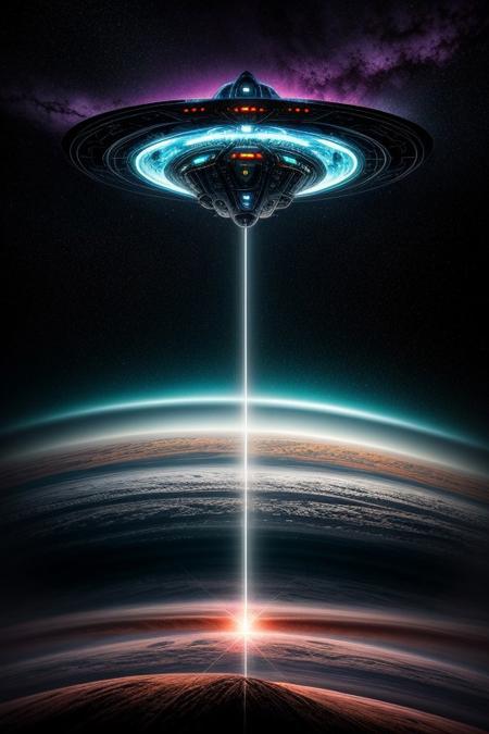A futuristic alien spaceship soaring through a surreal landscape, in the style of a vibrant sci-fi painting, vivid colors, intricate details, dynamic clouds, ethereal lighting