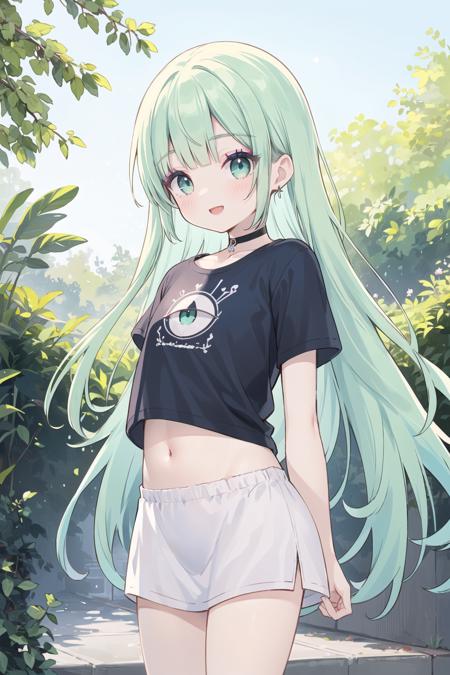 (masterpiece:1.5), ((best quality)), ultra-detailed, illustration, (arms down:1.2), arms behind back, 1girl, mint hair, airly long hair, swaying long hair, side tail hairstyle, bangs, smile, open mouth, looking viewer, (perfect hands, perfect fingers), perfect arms, perfect neck, navy choker, pale skin tone, (black t-shirt), (short tops), (midriff tops), short sleeves, black underwear bottoms, very small bottoms, legs, (standing), street, shining bright green trees, mint eyes, cute round eyes, jewelry eyes, (highly detailed eyes), (sparkling eyes), eye highlights, beautiful detailed glow, ((long eyelashes)), (makeup:1.2), dynamic angle, looking down, arms behind back