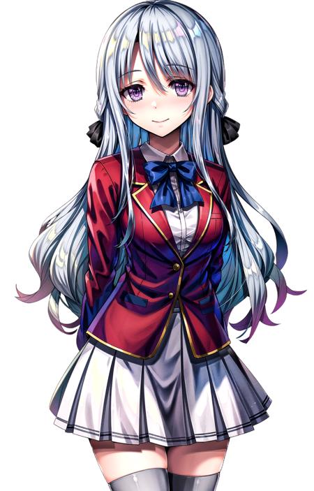 (masterpiece, top quality, best quality, official art, beautiful and aesthetic, picture-perfect:1.4), 1girl, solo, Hiyori, (looking at viewer, cowboy shot:1), (light blue hair, bluish silver hair, light blue colored hair, blue hair, grey hair, flowing hair, black hair ribbons:1.2), (purple eyes, shining purple eyes:1.3), [smile, closed mouth:1.2], [medium breasts:1], (Hiyori School, school uniform, red blazer, red jacket, white dress, white skirt, pleated skirt, blue bow, grey thighhighs, Zettai Ryouiki:1.15), (simple background:1.4),  <lora:HiyoriLora-15:.7>, <lora:more_details:.4>,