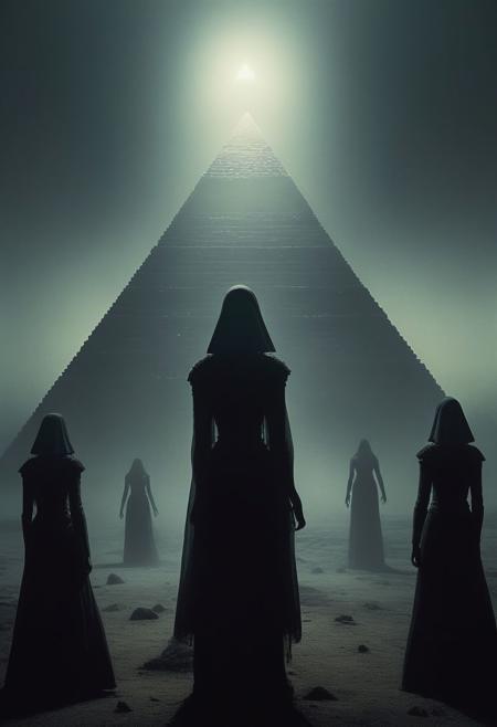 ultra realistic 
Dark Sci-Fi.
In a small, rural town nestled in the heart of the countryside, something strange is happening. Women of all ages and backgrounds are walking around in a hypnotic state, their arms outstretched and their eyes glazed over. They move in a slow, rhythmic trance, completely unaware of their surroundings.
As they walk, they are drawn towards a mysterious glowing pyramid that has appeared in the sky. The pyramid emits a powerful, otherworldly energy that seems to be controlling the women's movements.
The townsfolk watch in awe and confusion as the women gather beneath the pyramid, forming a circle around its base. They begin to chant in a language that no one can understand, their voices rising and falling in a hypnotic cadence.
As the chanting reaches a fever pitch, the pyramid begins to pulse with energy, sending out waves of light and sound that seem to penetrate the very fabric of reality. The women sway and dance in time with the pulses, lost in a trance-like state.
No one knows where the pyramid came from or what it wants, but one thing is clear: it has a powerful hold over the women of the town, and they are powerless to resist its call.
 faded film, desaturated, 35mm photo, grainy, vignette, vintage, Kodachrome, Lomography, stained, highly detailed, found footage