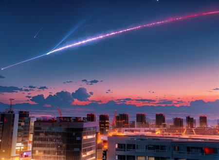 shinkai makoto, kimi no na wa., air conditioner, antennae, architecture, building, cable, city, cloud, cloudy sky, comet, crane (machine), house, industrial pipe, japan, light, night, night sky, no humans, outdoors, pipeline, satellite dish, shinjuku (tokyo), sky, star (sky), tokyo (city), window
<lora:shinkai_makoto_offset:1>