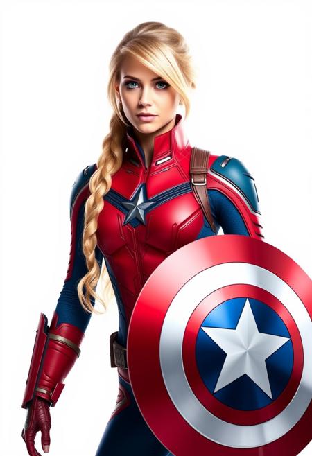 extraordinarily pretty woman, Captain America, powered futuristic outfit, red and blue suit, BLONDE ponytail, holding captain america round shield, swept bangs, white background, simple background