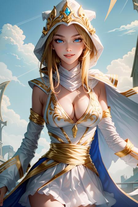 (Masterpiece:1.4), (best quality:1.2), <lyco:AsheFreljordQueen:1.0>, freljordashe, 1girl, short dress, white dress, detached sleeves, cape, hood, blonde hair, long hair, cleavage, smile, closed mounth, upper body, cowboy shot