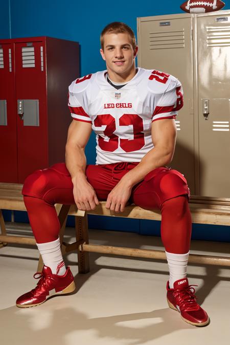 in an American football locker room, (sitting on a bench), legs spread open, muscular MarcusMojo, American football player wearing American football uniform, American football shoulder pads, (((red  jersey))), jersey number 4, ((pale gold football pants and pads)), (red socks), (sneakers), slight smile, masterpiece, (((full body portrait))), full body shot <lora:MarcusMojo:0.8>