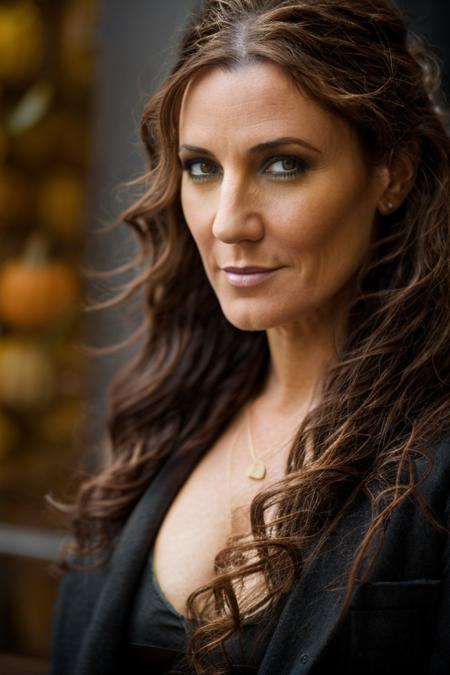 pumpkin costume ,  cyberpunk city , day  <lora:Orla_Brady:1> masterpiece, best quality, detailed face,, 1girl, solo, a mature o1873b, brown_eyes, realistic, brown_hair, long_hair, posing,