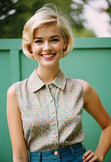 fashion editorial style. cinematic, gjhawn, a 20-year-old-woman, short-blonde-pixie-hair, smile, in a buttoned-blouse, sleeveless, retro 60's fashion, 60s color palette, 1960's style, 35mm photograph, film, bokeh, professional, 4k, highly detailed, casual-clothing, long-flowing-shirt, jeans, bold-colorful-psychedelic-mod-print-clothing, trendy, stylish, editorial, magazine style, professional, highly detailed, (indoors)