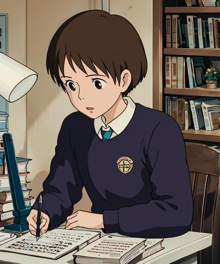 1girl, solo, short hair, brown hair, shirt, long sleeves, sitting,  collared shirt, indoors, sweater, book, desk, paper, bookshelf, pen, lamp, pencil, writing, calendar \(object\), desk lamp
<lora:ghibli_anime_v1:0.7>