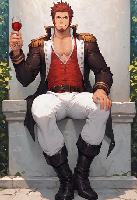 score_9, score_8_up, score_7_up, score_6_up, score_5_up, score_4_up, 1man, napoleon bonaparte \(fate\), fate \(series\), fate/grand order, blue eyes, brown hair, short hair, long sideburns, facial hair, goatee, military uniform, napoleon bonaparte uniform\(fate\), white collared shirt, partially unbuttoned shirt, red vest, partially unbuttoned vest, black jacket, long sleeves, epaulettes, white pants, belt, black boots mature male, manly, virile, muscular man, holding glass of wine, smirk, looking at viewer, outdoor, rays of sunlight, garden, French castle