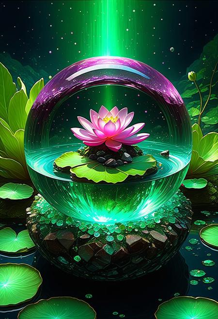 fluorescent horizon, color field painting, luminism, digital brush strokes, cg graphic illustration,
Detailed image of a huge glass ball floating in outer space, the inside of which is like a hollow hot pink amethyst geode, completely filled with a garden inside, within which a bed of crystal flowers is sprouting, and from the far end flows a river of liquid sapphire, the geode cascading down to to the viewer and into space, with crystal red ruby   lotuses floating on the water, and crystal green emerald frogs on water lilies, brown tiger's eye gemstone trees growing next to the river, with citrine crystal leaves pale starlight from the side, with glowing sparkling sparkles, very detailed
trend on Pixiv fanbox, Studio Ghibli Genshin Impact, masterpiece, oil on canvas, Raphael, Caravaggio, Greg Rutkowski, Beeple, Beksinski, Giger
