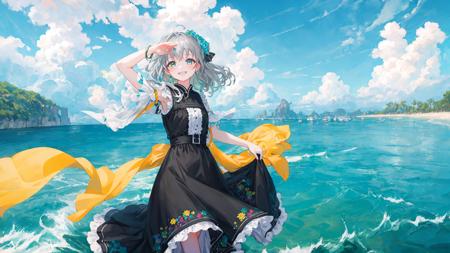 masterpiece,best quality,official art,extremely detailed CG unity 8k wallpaper,illustration,Blue sky, green water, colorful clouds,, bright, 1Girl, gray hair, amber eyes, smile, black dress, barefoot, turning around,