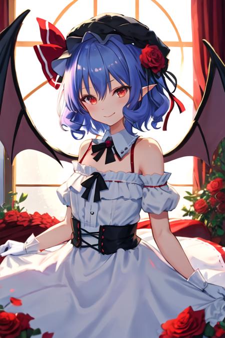 best quality, masterpiece, highres, solo, {remilia_scarlet_touhou:1.15}, red_eyes, short_hair, bat_wings, wings, ribbon, hat, blue_hair, mob_cap, hair_between_eyes, hat_ribbon, bangs, smile, upper_body, red_ribbon, 1girl, bare_shoulders, flower, looking_at_viewer, red_flower, rose, dress, hat_flower, red_rose, alternate_costume, closed_mouth, black_headwear, black_ribbon, black_dress, frills