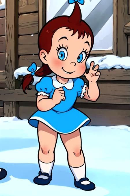 laudrey, 1girl, dress, solo, brown hair, bow, hair bow, blue dress, child, smile, short sleeves, socks, shoes, short hair, twin braids, puffy sleeves ,looking at viewer, standing,   <lora:Audrey1.0:0.7>