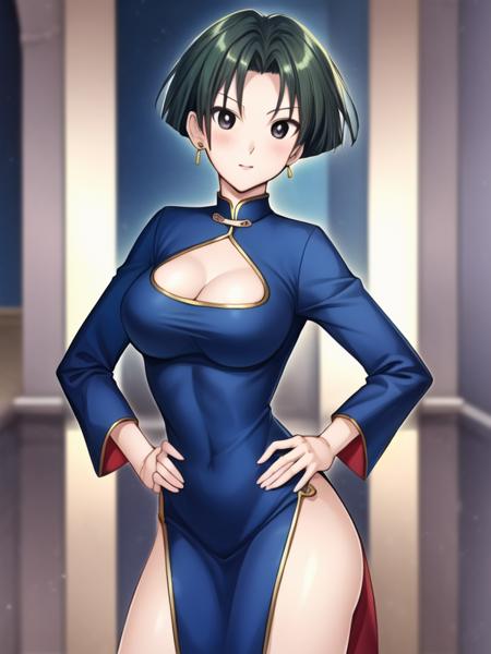 Lulu_Lulu_Lulu,short hair, green hair,black eyes, chinese clothes, pelvic curtain,blue dress, 