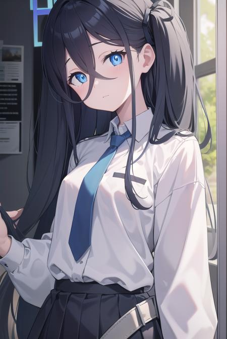 bluearchivearis, <lyco:bluearchivearis-lyco-nochekaiser:1>, 
aris, black hair, blue eyes, hair between eyes, halo, long hair, one side up, hair ribbon, (flat chest:1.2),
BREAK necktie, blue necktie, jacket, skirt, school uniform, white shirt, collared shirt, black skirt, white jacket, long sleeves,
BREAK looking at viewer, 
BREAK indoors, classroom,
BREAK <lyco:GoodHands-beta2:1>, (masterpiece:1.2), best quality, high resolution, unity 8k wallpaper, (illustration:0.8), (beautiful detailed eyes:1.6), extremely detailed face, perfect lighting, extremely detailed CG, (perfect hands, perfect anatomy),