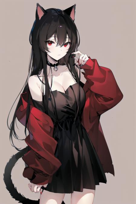 -1girl, solo, cat tail, tail, animal ears, red eyes, cat ears, long hair, red jacket, black hair, breasts, jacket, cat girl, simple background, dress, looking at viewer, off shoulder, black dress, hair between eyes, cleavage, long sleeves, bare shoulders, open jacket, bangs, red nails, very long hair, nail polish, choker, medium breasts, open clothes, sleeveless, sleeves past wrists, closed mouth, sleeveless dress, hand up, grey background, black skirt, black choker, skirt, brown background, tail raised, animal ear fluff, collarbone,cat girl,<lora:cat girl-000018:0.8>,