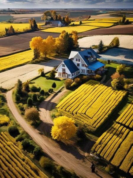 masterpiece, best qualtiy, outdoors, sky, day, cloud, tree, blue_sky, no_humans, cloudy_sky, grass, building, nature, scenery, road, field, house