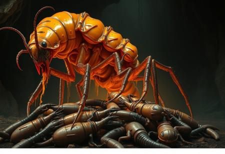 shrill screaming gargantuan gigantic insectoid putrid wet orange-black-orange predatory clawed swollen pregnant Termite cicada monster. slithering, dripping with amber tar, climbing over pile of corpses. dark forest cave background. dark fantasy horror movie style. photorealistic. perfect proportion