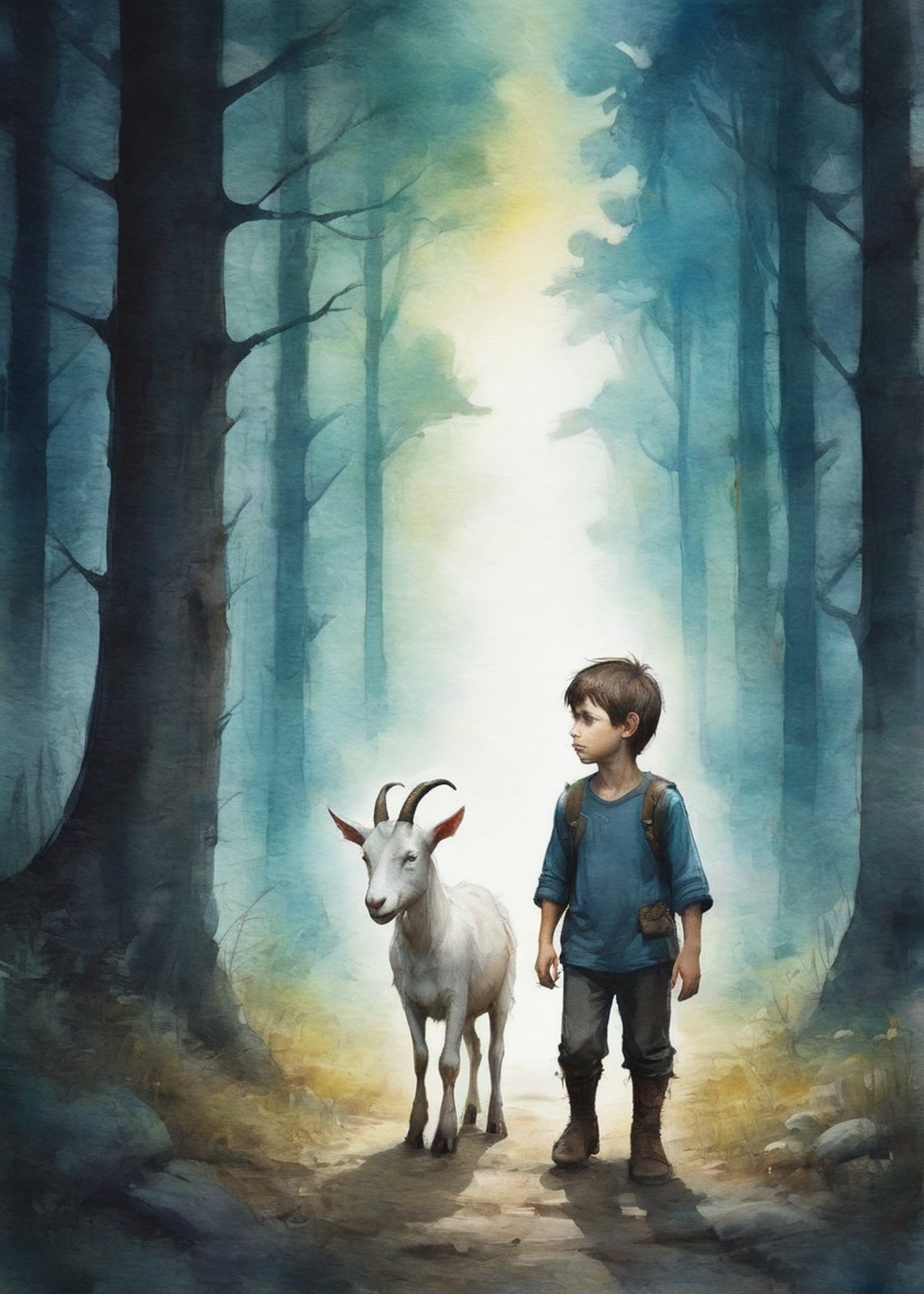 a small boy and his goat travel through a luminous fantasy forest deep ominous trail hidden watchful eyes