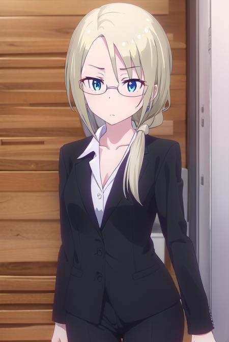 christinawakoyamato, <lora:christina wako yamato s2-lora-nochekaiser:1>, 
christina wako yamato, long hair, blue eyes, blonde hair, (green eyes:1.3), glasses, hair over shoulder, semi-rimless eyewear, low ponytail, under-rim eyewear,
BREAK shirt, collarbone, jacket, white shirt, pants, black jacket, black pants, formal, suit, office lady, pant suit,
BREAK indoors, office,
BREAK looking at viewer, (cowboy shot:1.5),
BREAK <lyco:GoodHands-beta2:1>, (masterpiece:1.2), best quality, high resolution, unity 8k wallpaper, (illustration:0.8), (beautiful detailed eyes:1.6), extremely detailed face, perfect lighting, extremely detailed CG, (perfect hands, perfect anatomy),