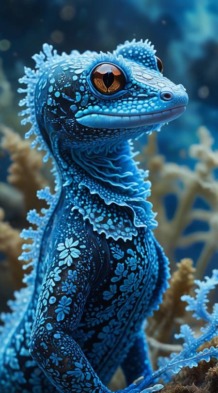 Cinder-specked salamanders, marshaling armies, Spotlit focus, icy with frosty air, cool shades of blue, full body length shot, hyper close-up on texture, impressionist brushwork, frilly lace embroidery, kaleidoscopic fractal patterns, soft focus background separation, sequined costume sparkles.