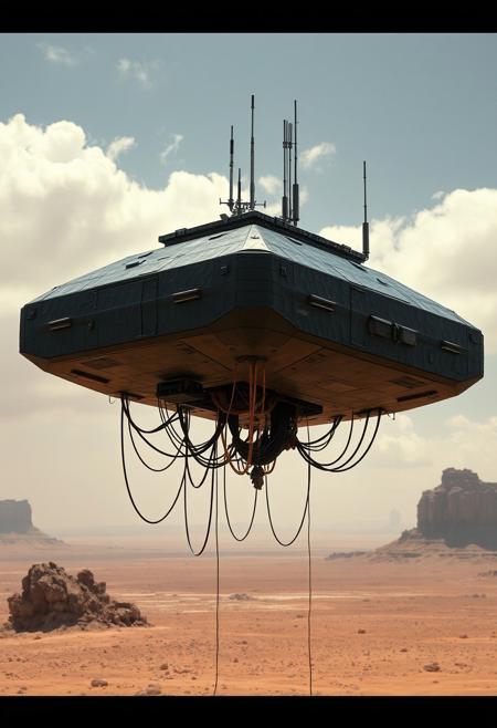 ultra high resolution, masterpiece, best quality, small featureless angular glossy black spacecraft with a heavily textured surface hovering low to the ground, underneath the spacecraft are cables hoses and wires, antennas on top, cables hanging from below, rectangular in shape, futuristic world, post apocalyptic landscape, anti gravity, in the atmosphere, sky, clouds, ground visible, hovering,  dry desert, rocky outcroppings